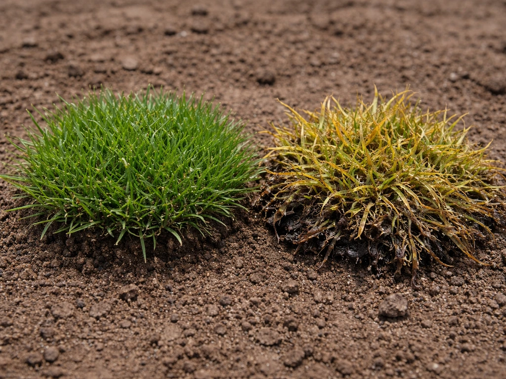 Vergelijking: links een gezonde groene graspluk, rechts een geelbruine, natte graspluk die loslaat.