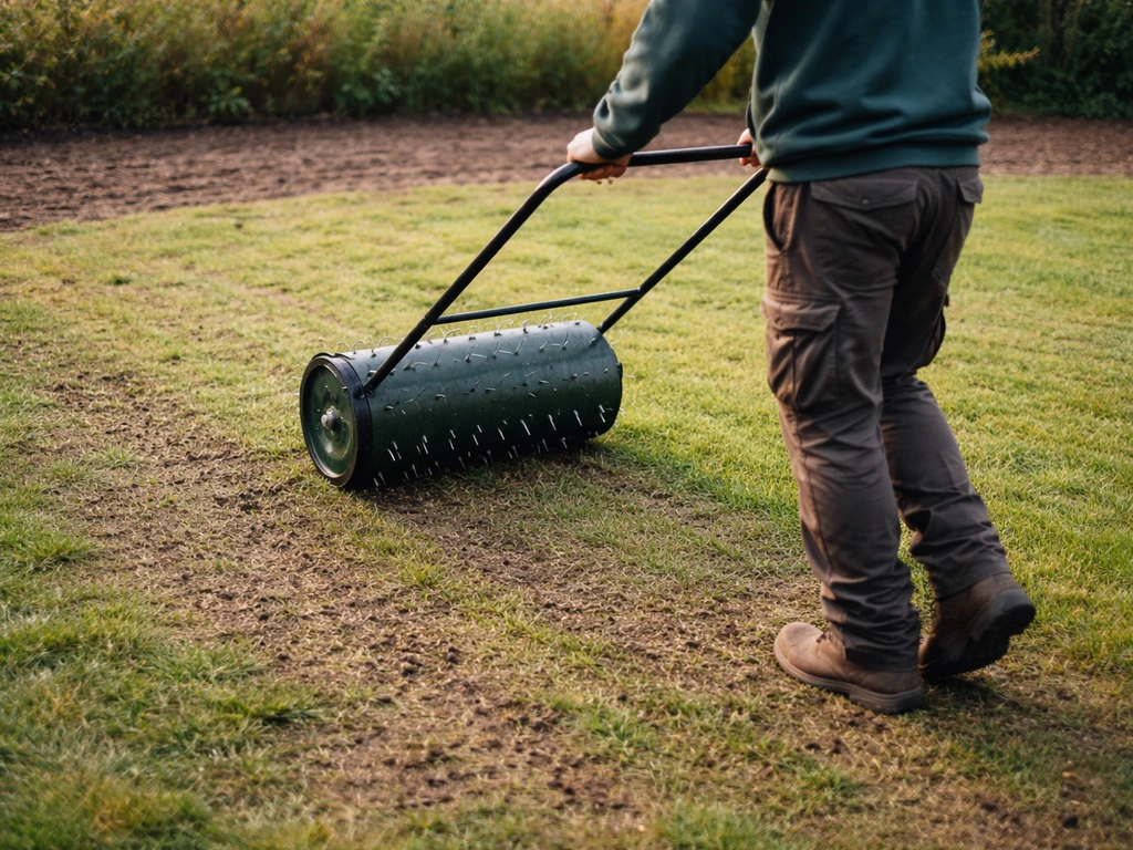 Tuinman die met een beluchtingswals/pikhark grasmat inprikt, zodat bodem en wortels weer zuurstof krijgen.