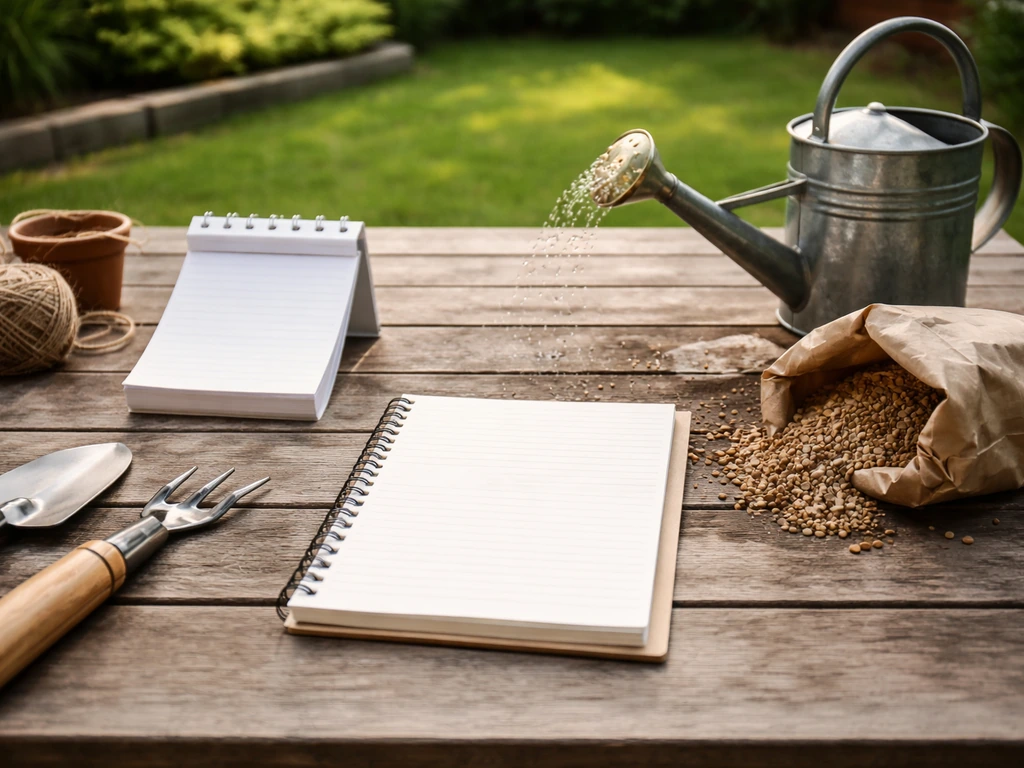 Tuinier-werkblad met kalender/kladblok en gereedschap voor beluchten en bemesten in een Nederlandse tuin.