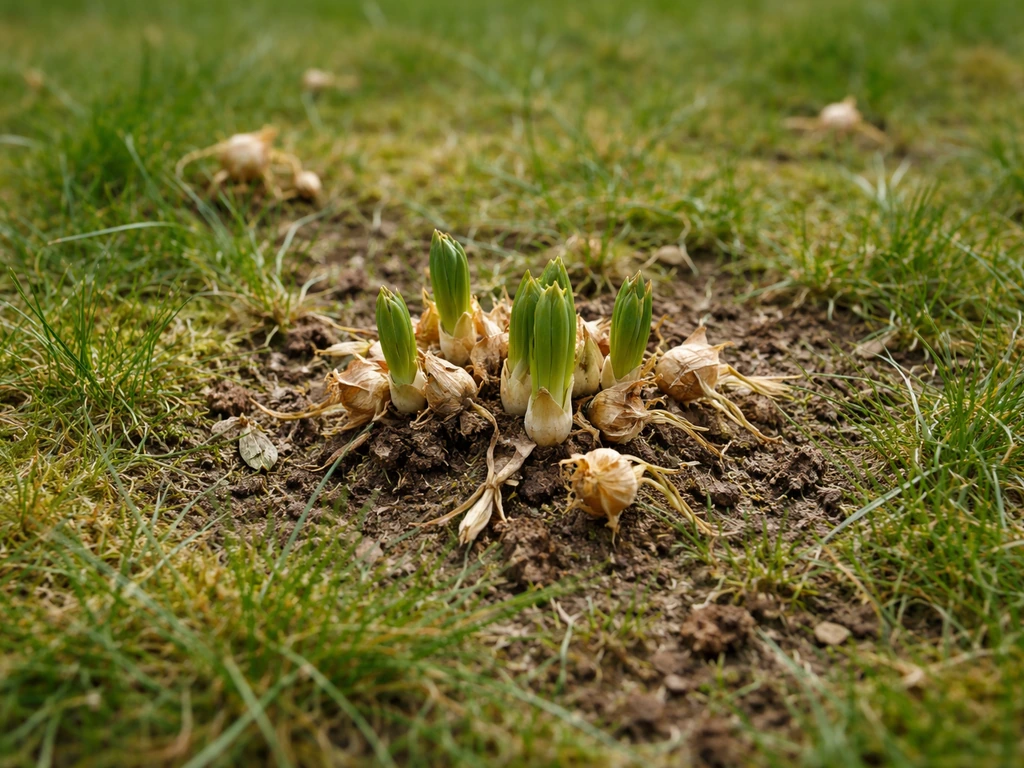Close-up van verwilderingsbollen in het gazon, met duidelijke bloeiresten en afwijkende sprieten tussen het gras.