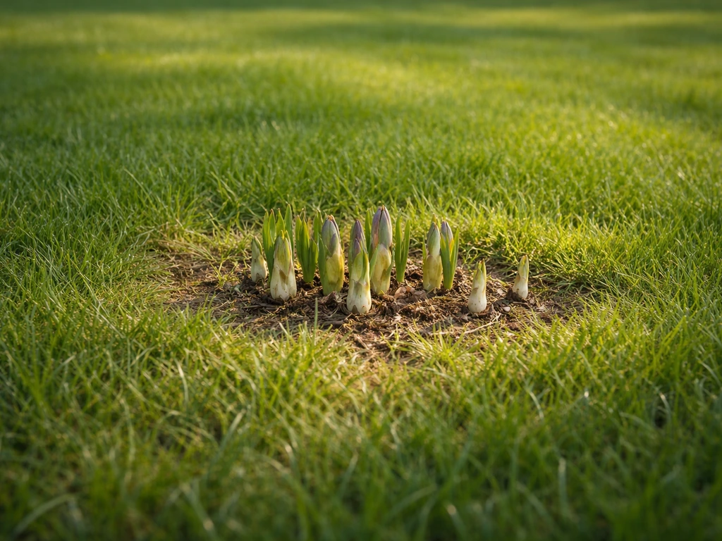 Groene grasmat met een paar verwilderingsbollen die opduiken op een plek waar het gras dunner is.