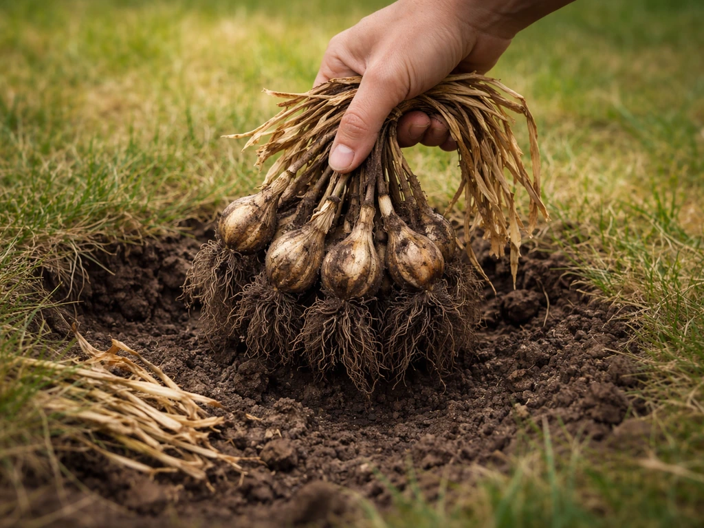 Hand tilt narcissenbollen uit de aarde; gras en geel afgestorven loof eromheen in een stille tuin