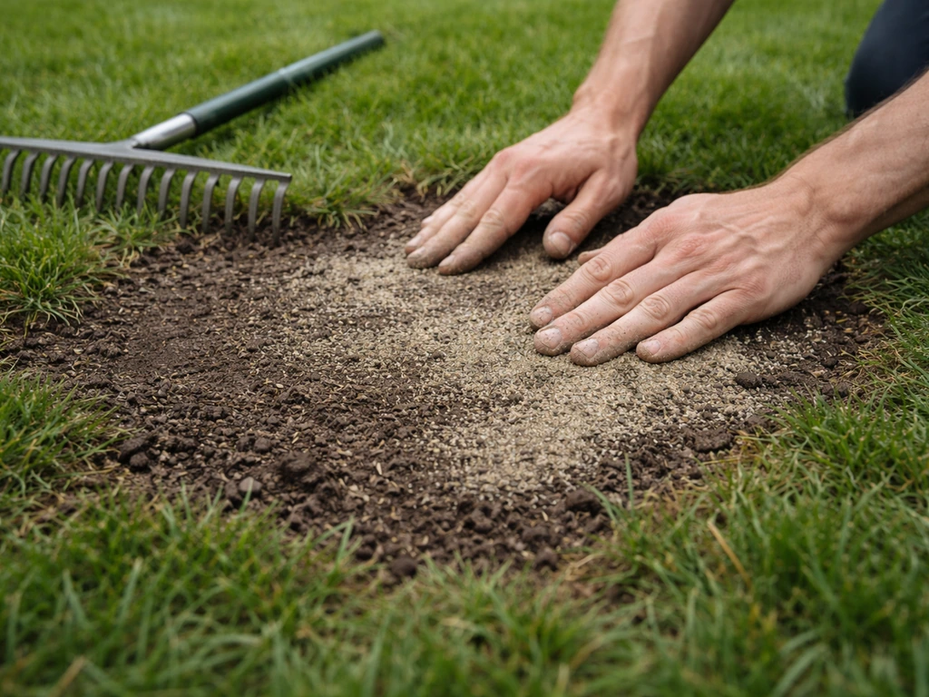 Handen en tuinhark die kale gazonplekken egaliseren met zaad en zand voor nieuw gras.